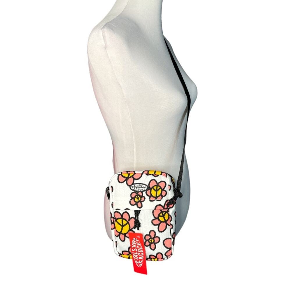 Petals and Peacocks Flowers and Peace Sign Crossbody Camera Bag White